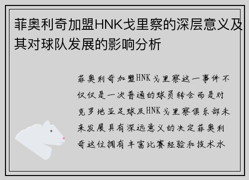 菲奥利奇加盟HNK戈里察的深层意义及其对球队发展的影响分析 菲奥利奇加盟HNK戈里察的深层意义及其对球队发展的影响分析